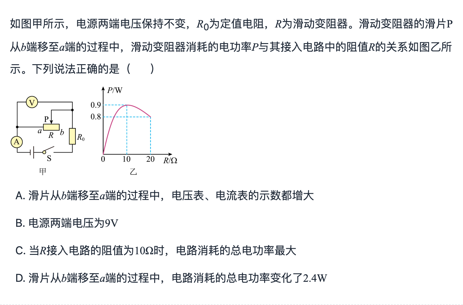 滑片移动图像求电源与定值电阻 第 1 题题面